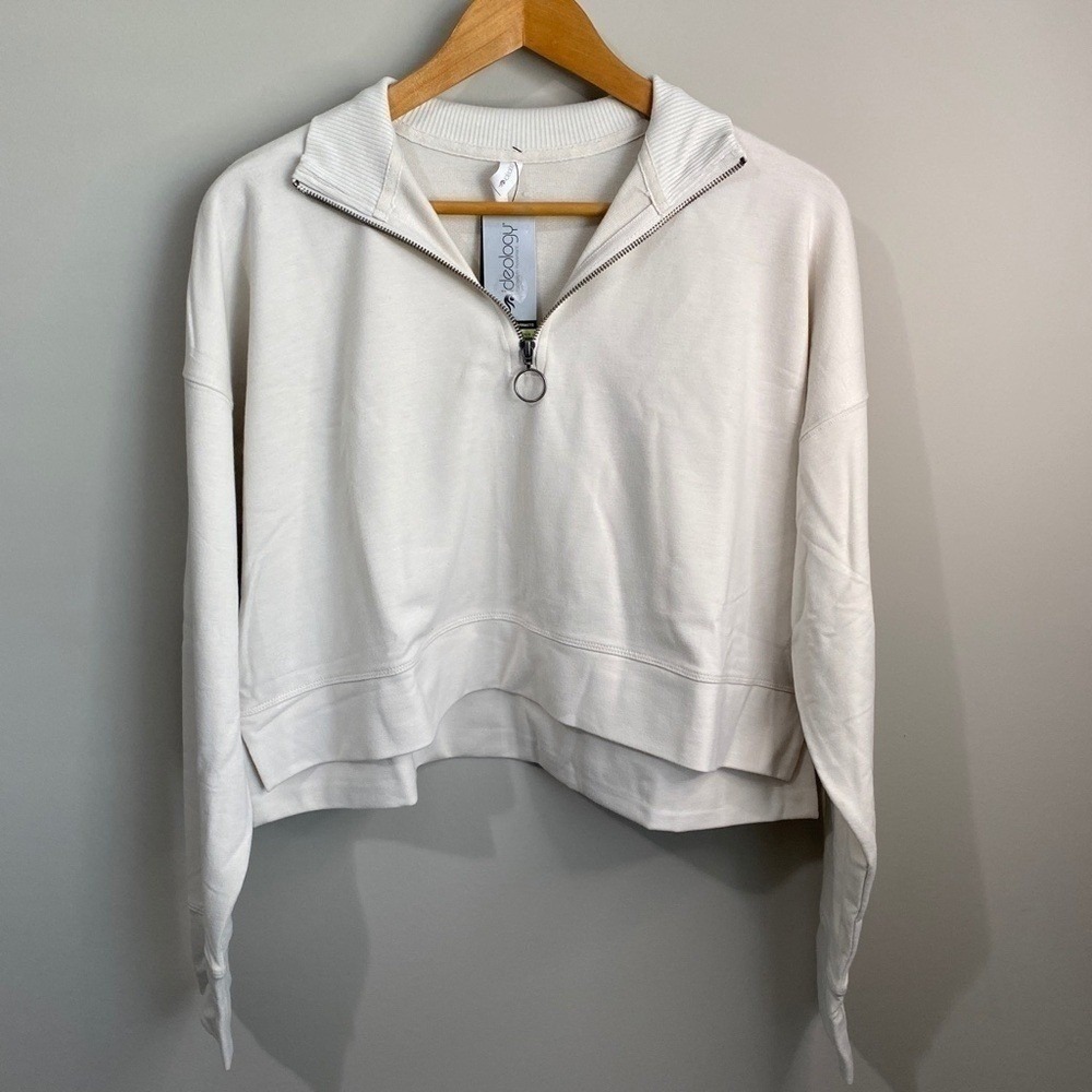 Ideology Women's Long Sleeve 1/4 Zip Cropped Top Pullover Ivory Large Athleisure